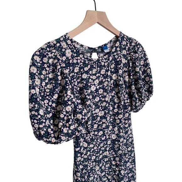 Old Navy Womens Puff Sleeve Midi Dress Size Navy Floral Side Slit Smocked S - Picture 2 of 8